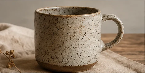 Nakrapiany ceramiczny kubek w naturalnych beżach na drewnianym stole